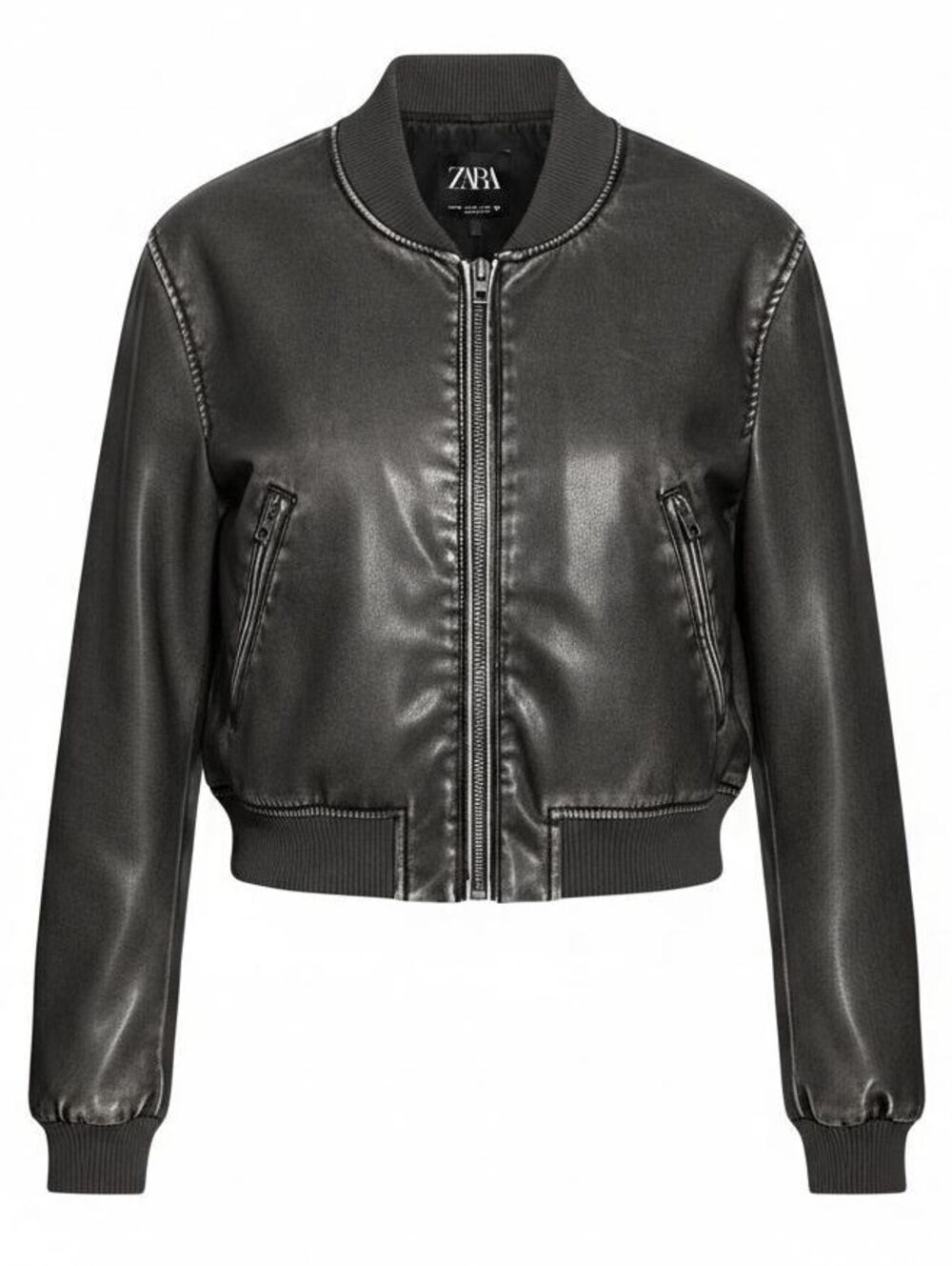 ZARA Womens (XS) Charcoal Brown Faux Leather Oversized Zip-Up Bomber Jacket